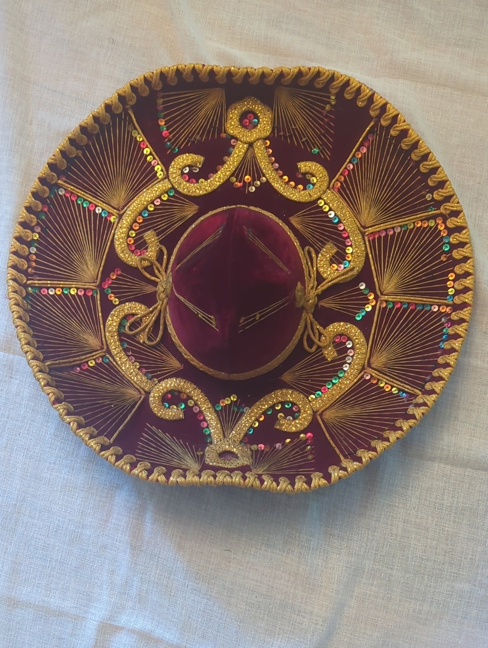 Festive Burgundy Mens Mariachi Sombrero Party Hat Gold Trim Ethnic